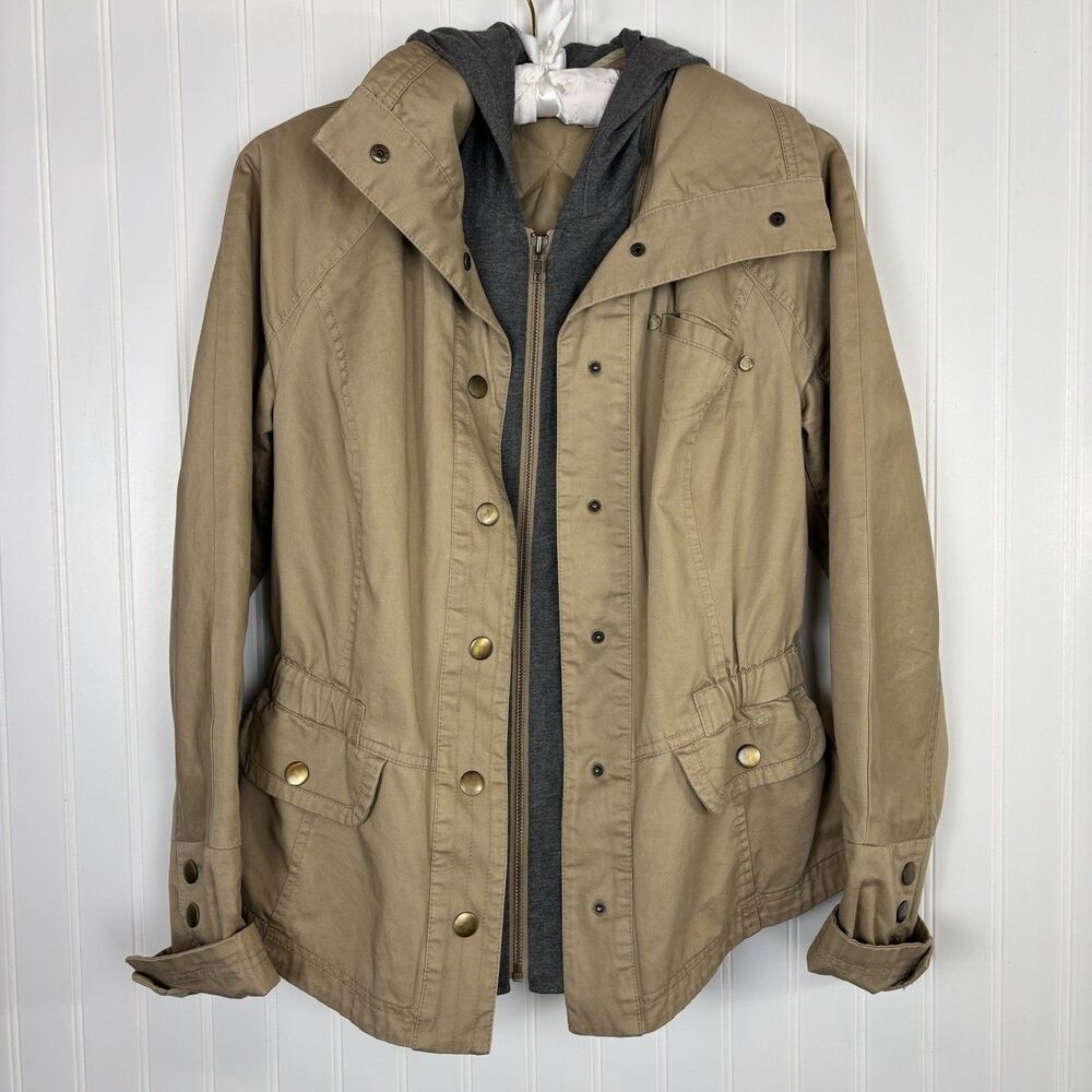 DKNY Womens Utility Layered Hooded Jacket Tan Khaki Sz S Gorpcore Field Military - Picture 2 of 16